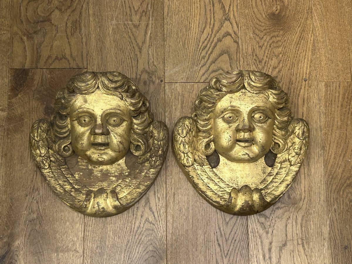 Pair Of Gilded Wood Sculptures - Angel Heads Circa 1900 -photo-6