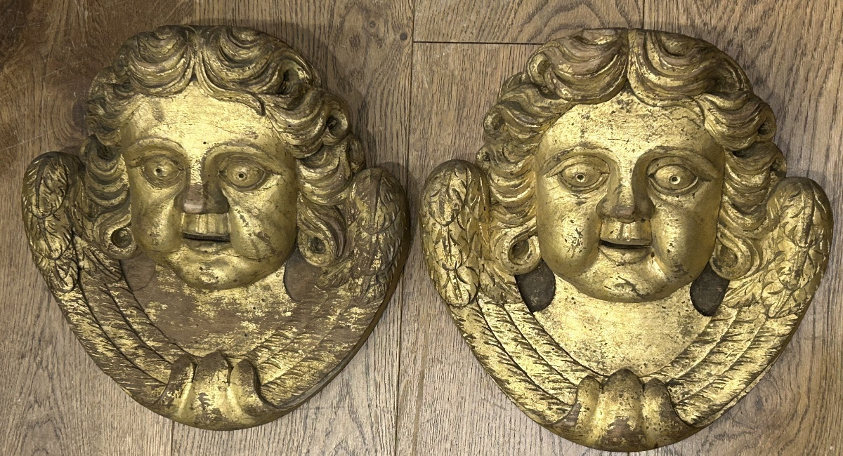 Pair Of Gilded Wood Sculptures - Angel Heads Circa 1900 -photo-7