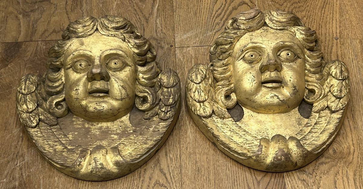 Pair Of Gilded Wood Sculptures - Angel Heads Circa 1900 -photo-8
