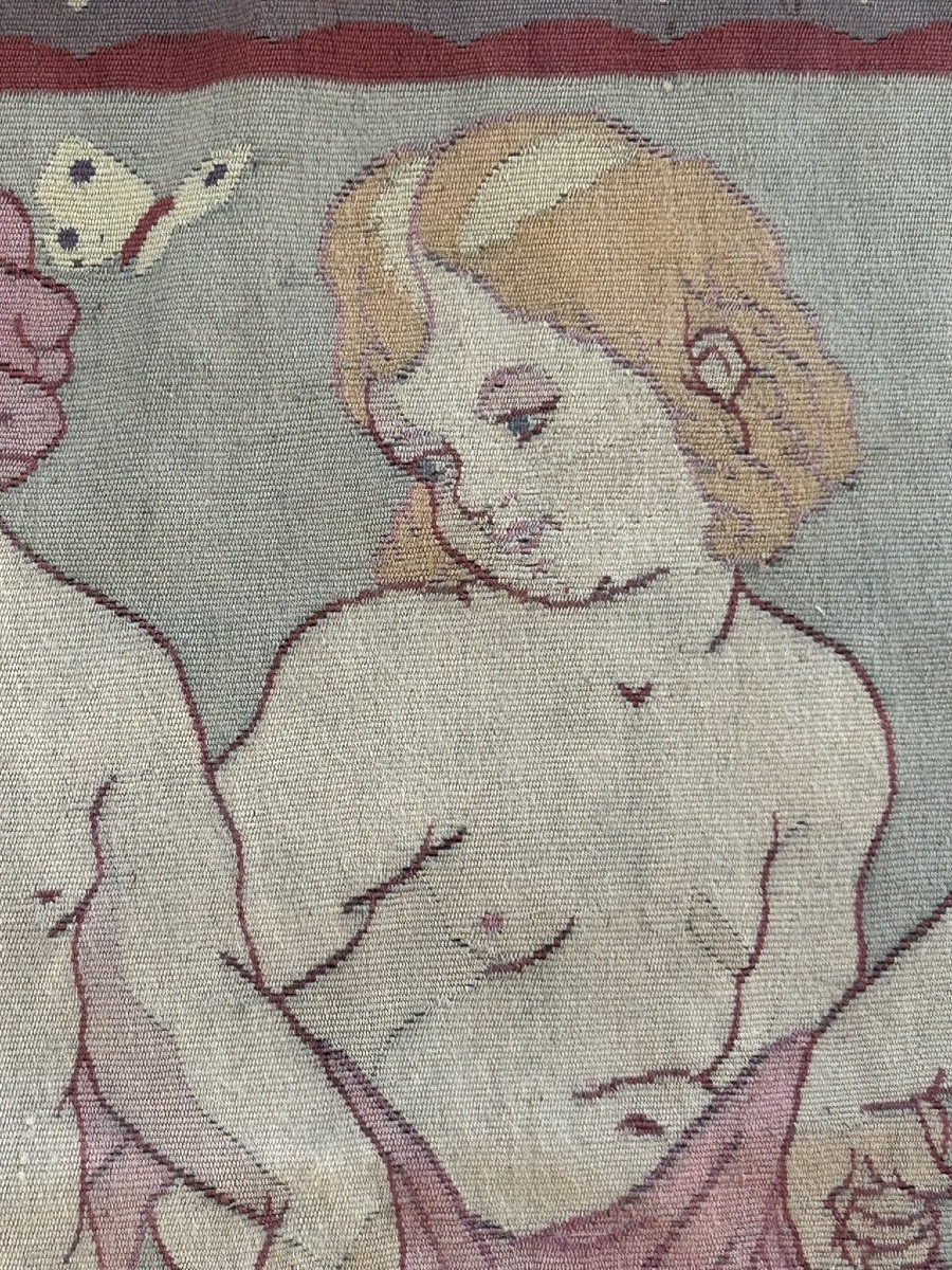 Tapisserie d’époque Art nouveau enfants dansant monogramme MGM vers 1900 L 194 cm-photo-7
