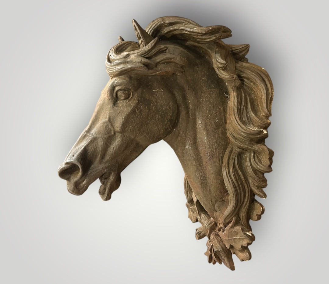 Tête de cheval en fonte val d’osne enseigne de boucherie haras écurie du XIXéme H 60 cm-photo-1