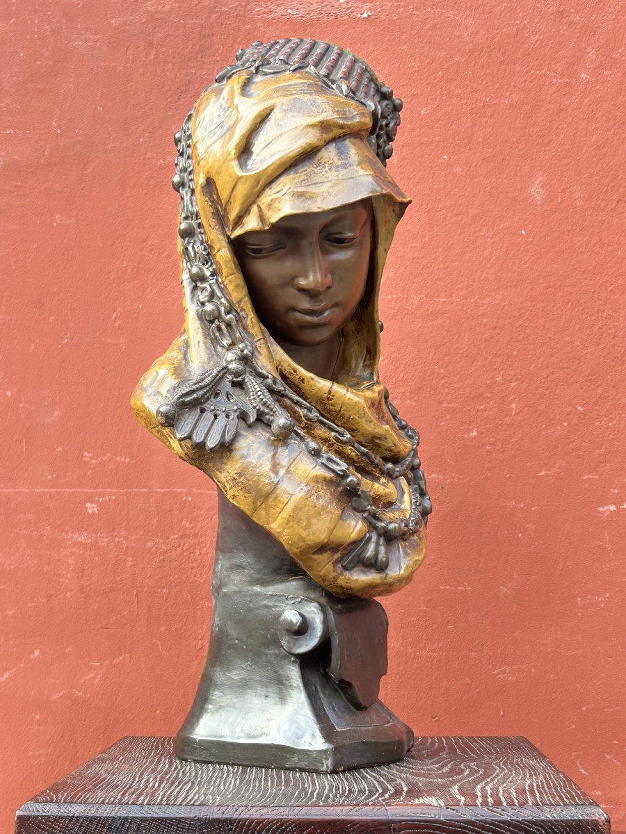 Arthur Waagen (1833-1898) d’après - beauté orientale buste en terre cuite polychrome XIXéme -photo-2