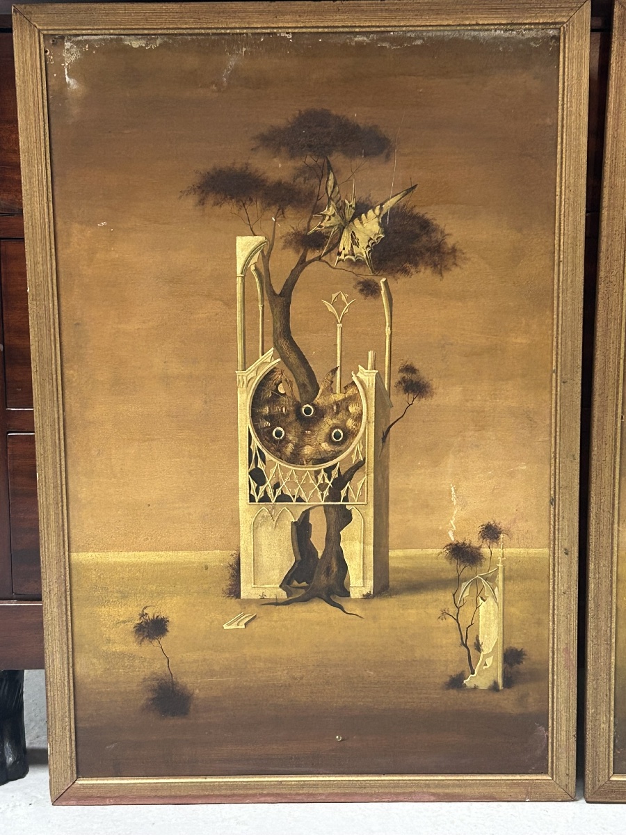 Paire de tableaux surréalistes huile sur isorel vers 1950-60 - peinture - tableau surréaliste -photo-2