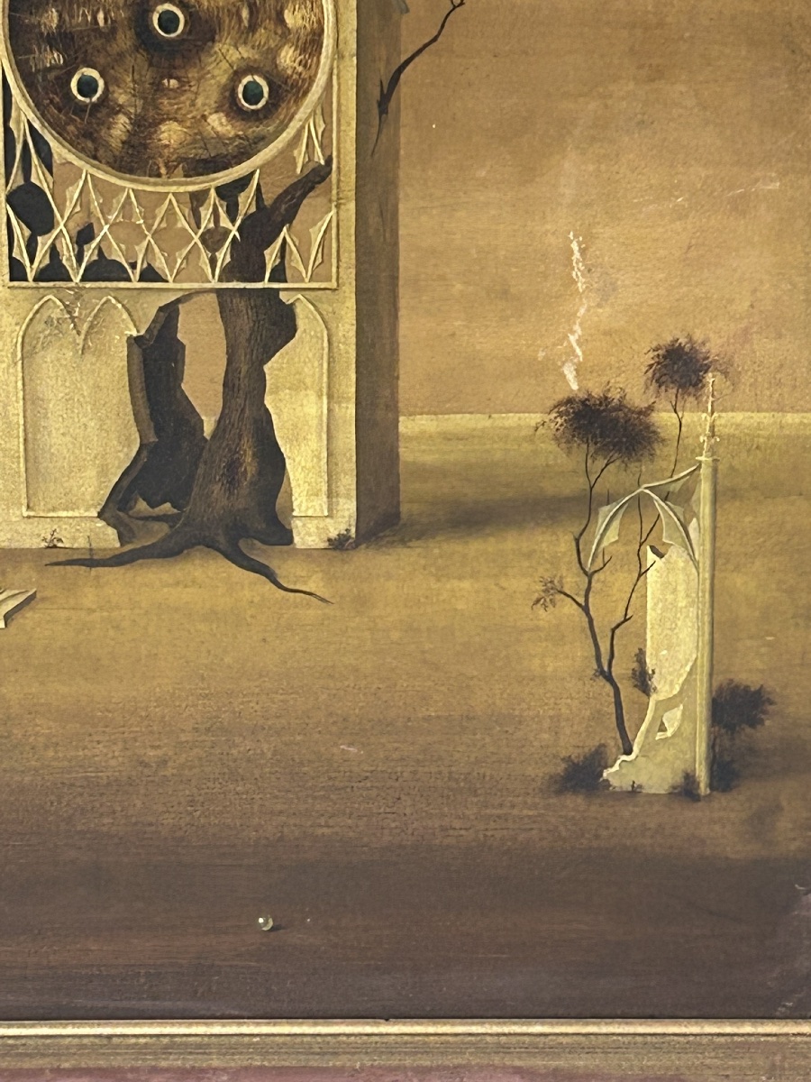 Paire de tableaux surréalistes huile sur isorel vers 1950-60 - peinture - tableau surréaliste -photo-1