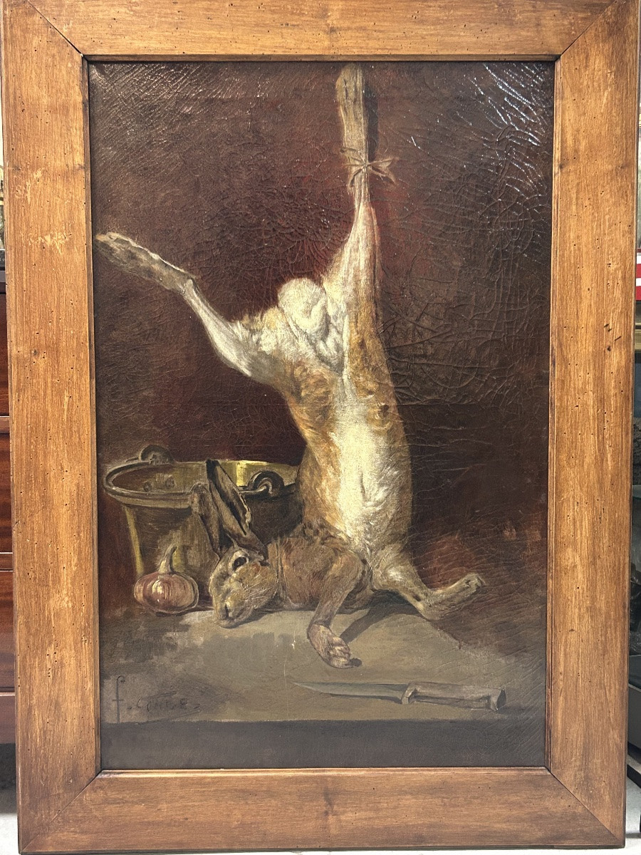 Fernand COMBES (1856-1943) grande nature morte au lièvre huile sur toile -photo-2