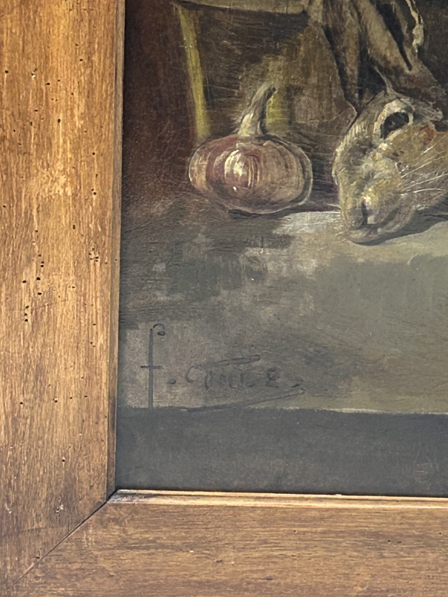 Fernand COMBES (1856-1943) grande nature morte au lièvre huile sur toile -photo-3