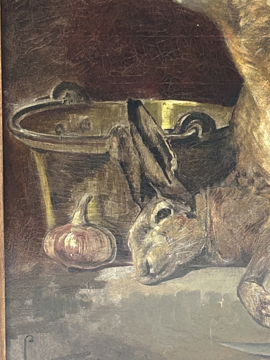 Fernand COMBES (1856-1943) grande nature morte au lièvre huile sur toile -photo-4