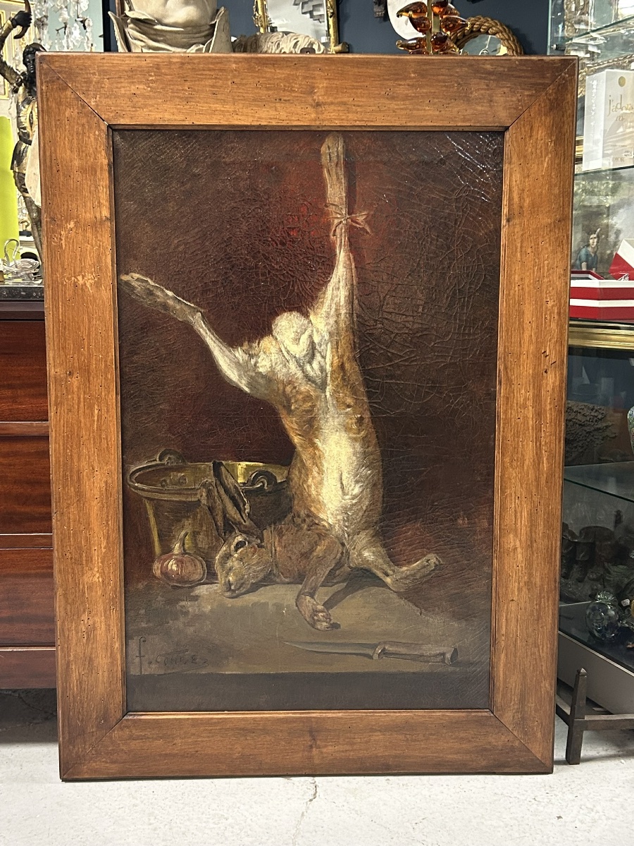 Fernand COMBES (1856-1943) grande nature morte au lièvre huile sur toile -photo-2