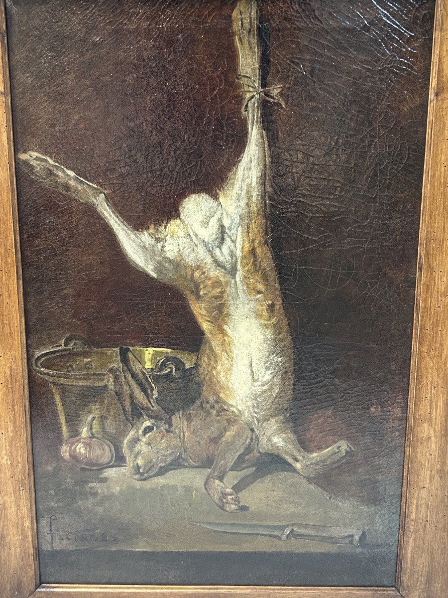 Fernand COMBES (1856-1943) grande nature morte au lièvre huile sur toile -photo-3