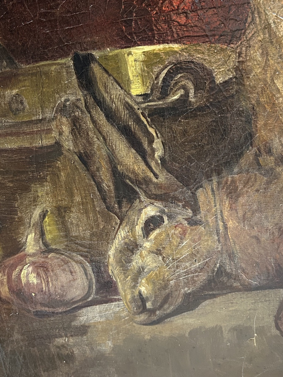 Fernand COMBES (1856-1943) grande nature morte au lièvre huile sur toile -photo-4