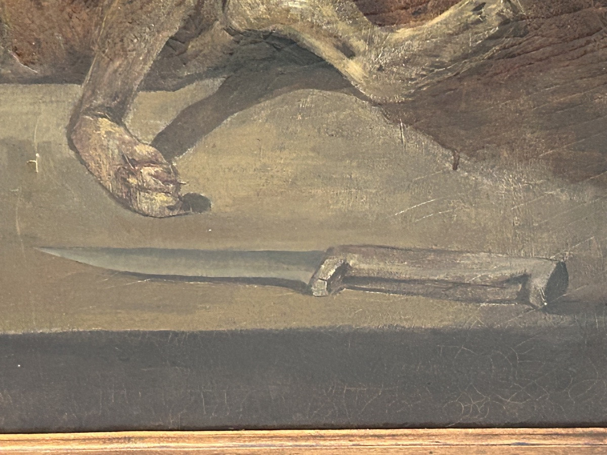 Fernand COMBES (1856-1943) grande nature morte au lièvre huile sur toile -photo-5