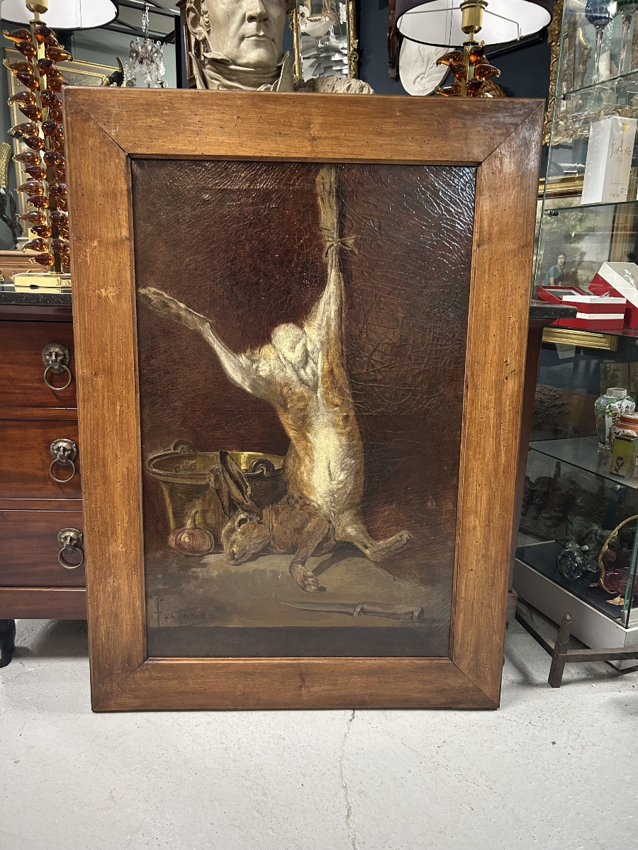 Fernand COMBES (1856-1943) grande nature morte au lièvre huile sur toile -photo-7