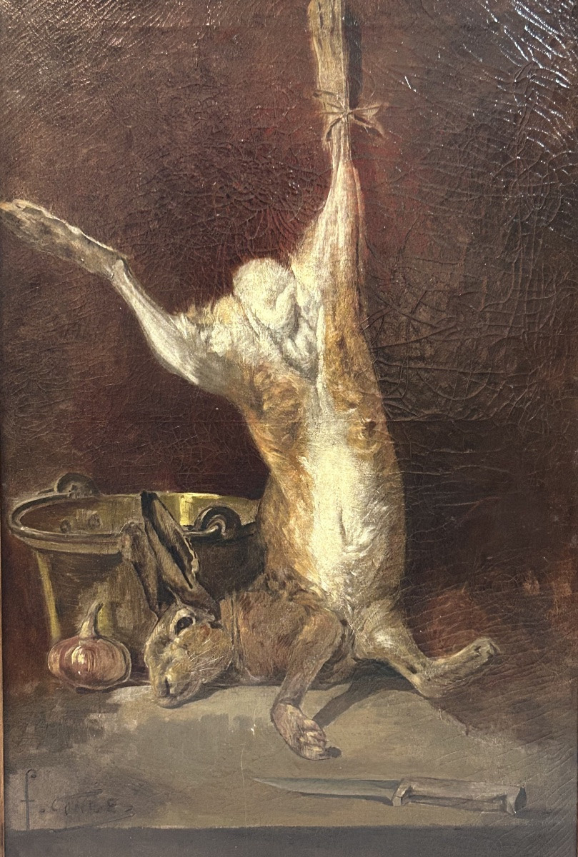Fernand COMBES (1856-1943) grande nature morte au lièvre huile sur toile -photo-8