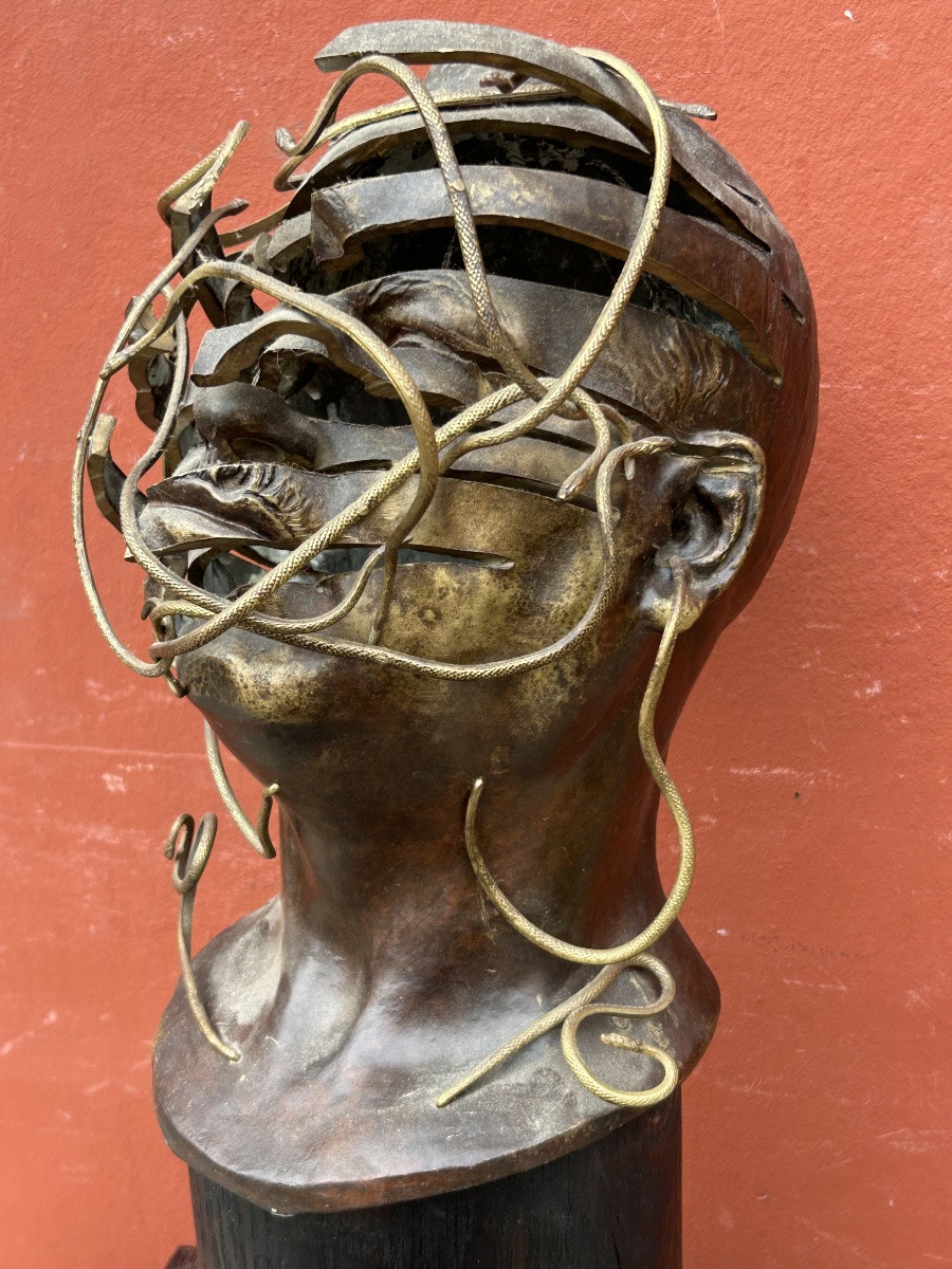 René HETZEL (1902-1972) buste - tête en bronze découpé aux serpents - SUSSE Frères fondeurs-photo-2