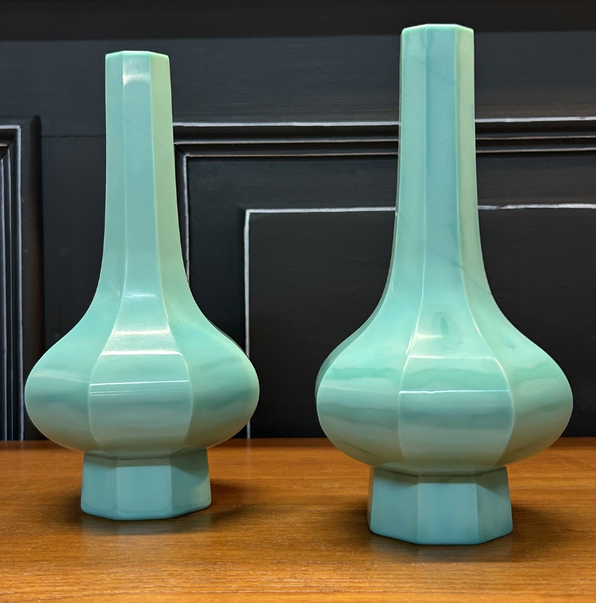 Pair Of Opaque Turquoise Speckled Glass Bottle Vases From Beijing, Early 20th Century 