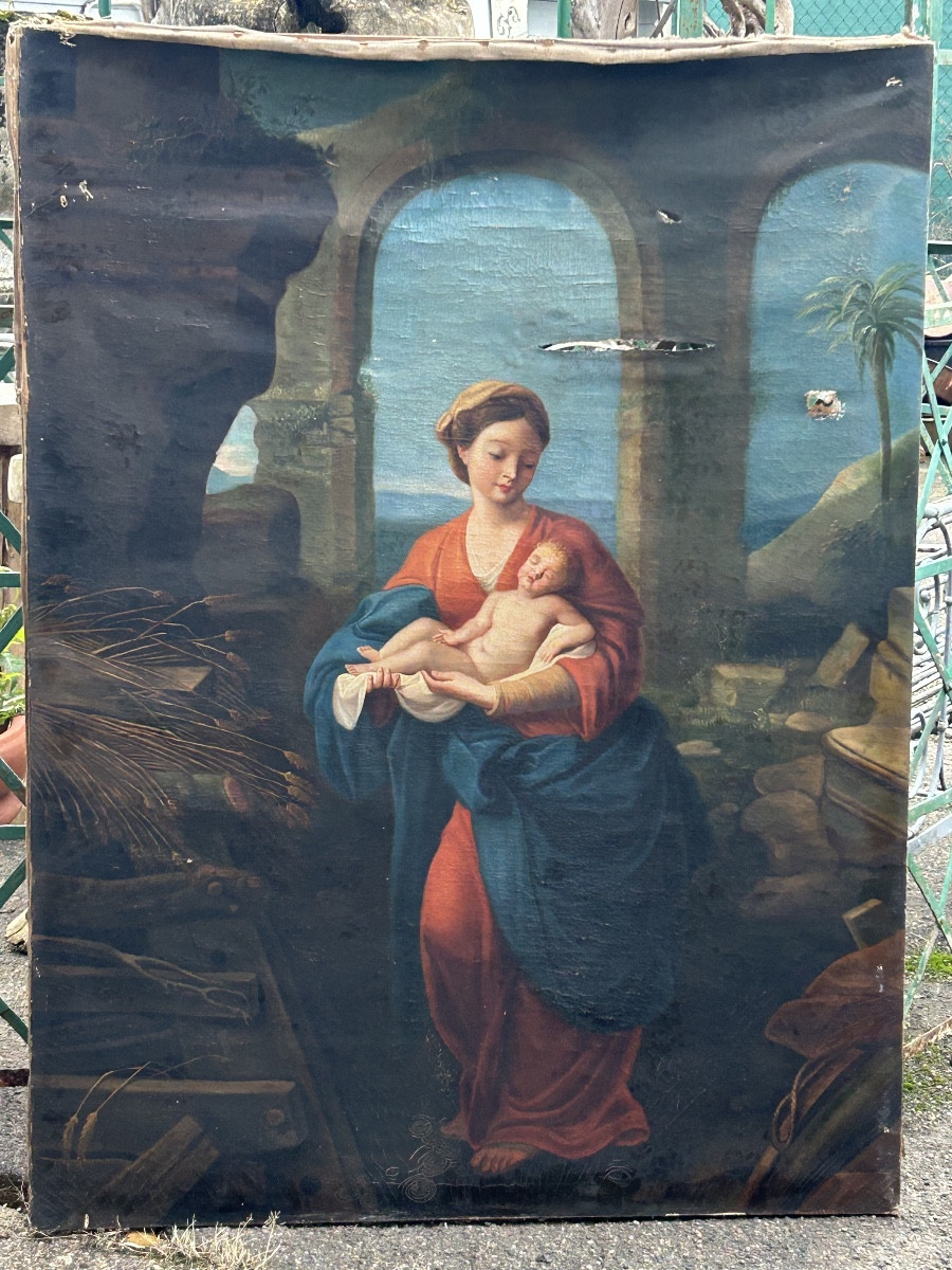 French School, Early 19th Century. Virgin And Child, Important Oil On Canvas, H 130 Cm