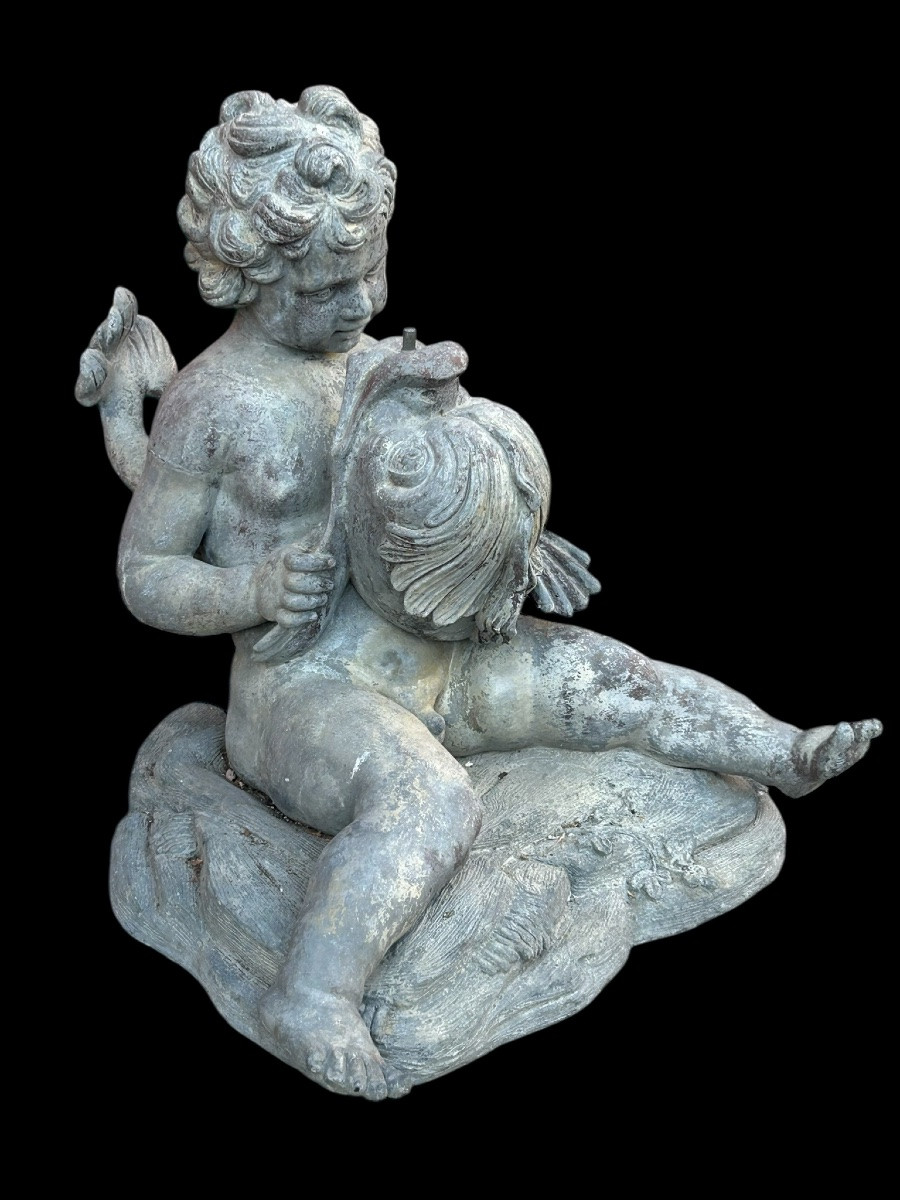 Fountain - Central Fountain In The Basin - Cupid And Dolphin Lead Sculpture From The 20th Century -photo-3