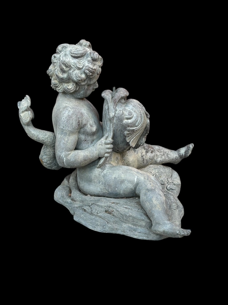 Fountain - Central Fountain In The Basin - Cupid And Dolphin Lead Sculpture From The 20th Century -photo-3