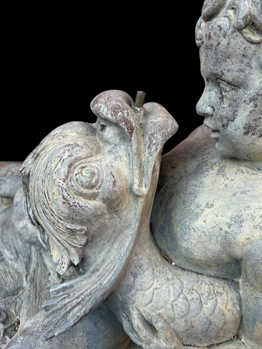 Fountain - Central Fountain In The Basin - Cupid And Dolphin Lead Sculpture From The 20th Century -photo-6