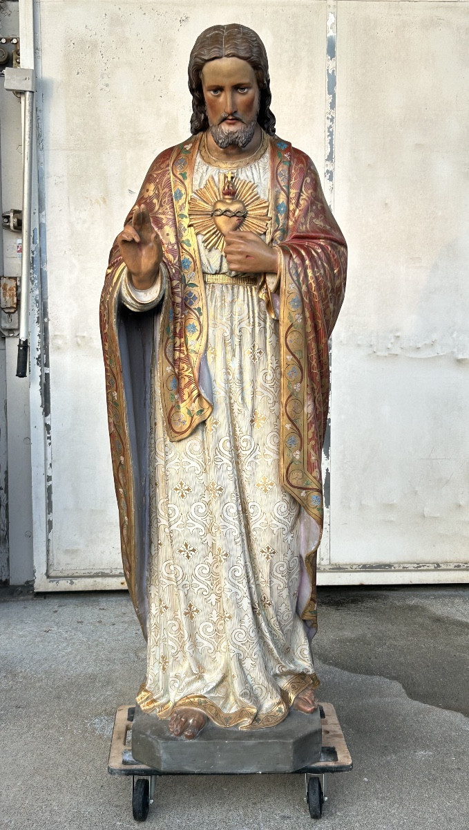 Importante sculpture d’église ou de chapelle en plâtre polychrome - Sacré cœur de Jésus H 180cm