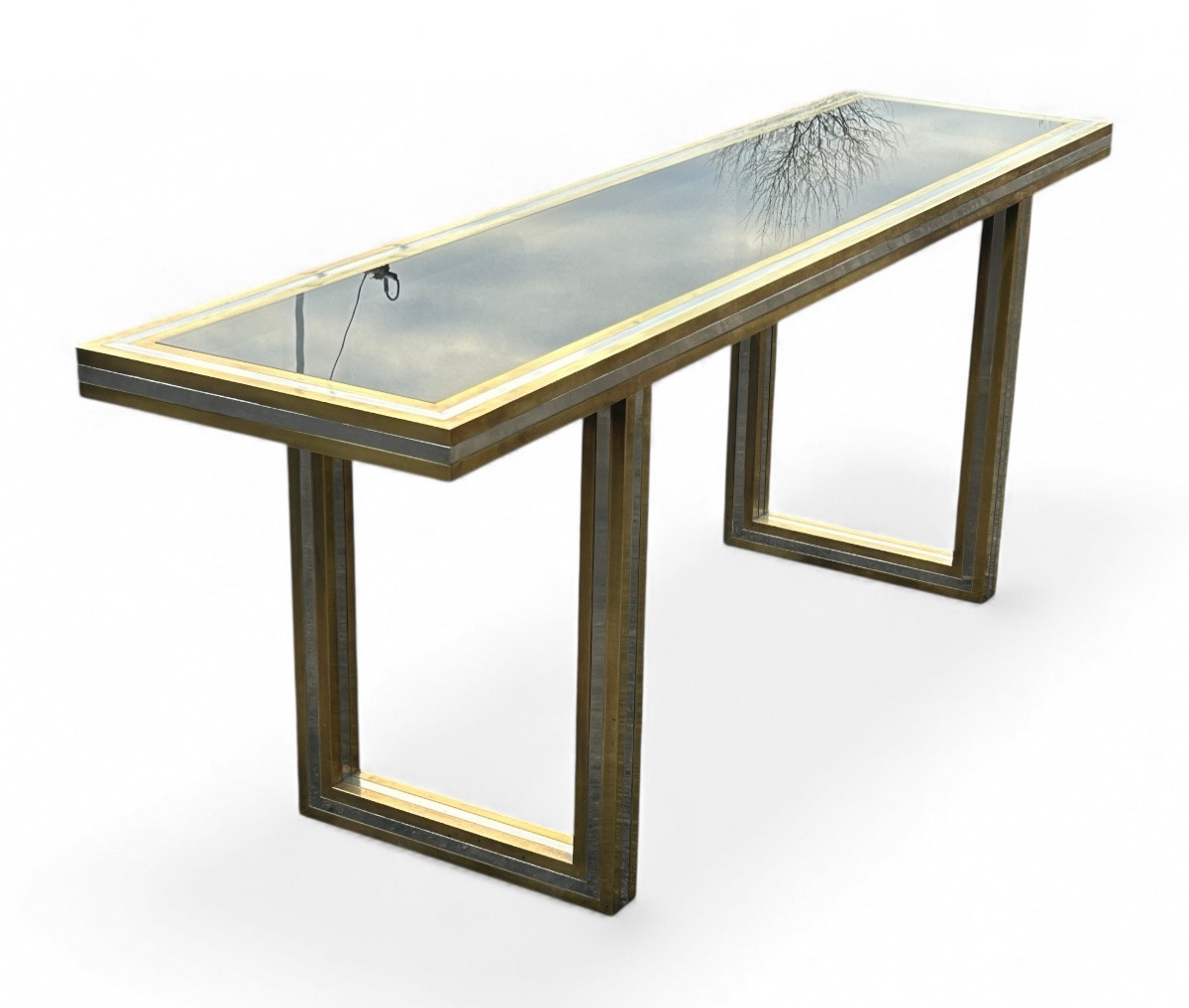 Grande console en laiton et verre par Roméo Rega Italie vers 1970 - L 200 cm-photo-3