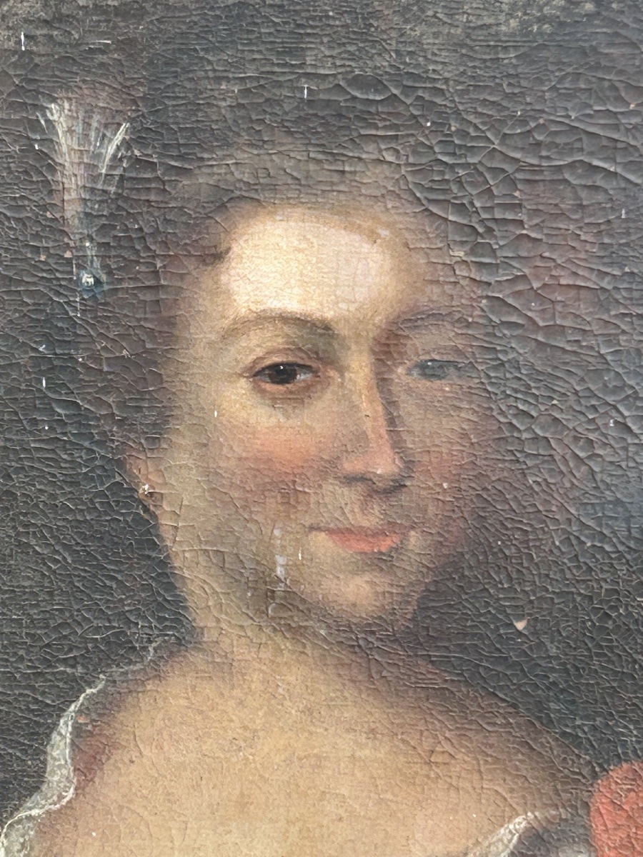 French School Portrait Of A Woman From The Early 18th Century, Oil On Canvas, In Need Of Restoration -photo-3