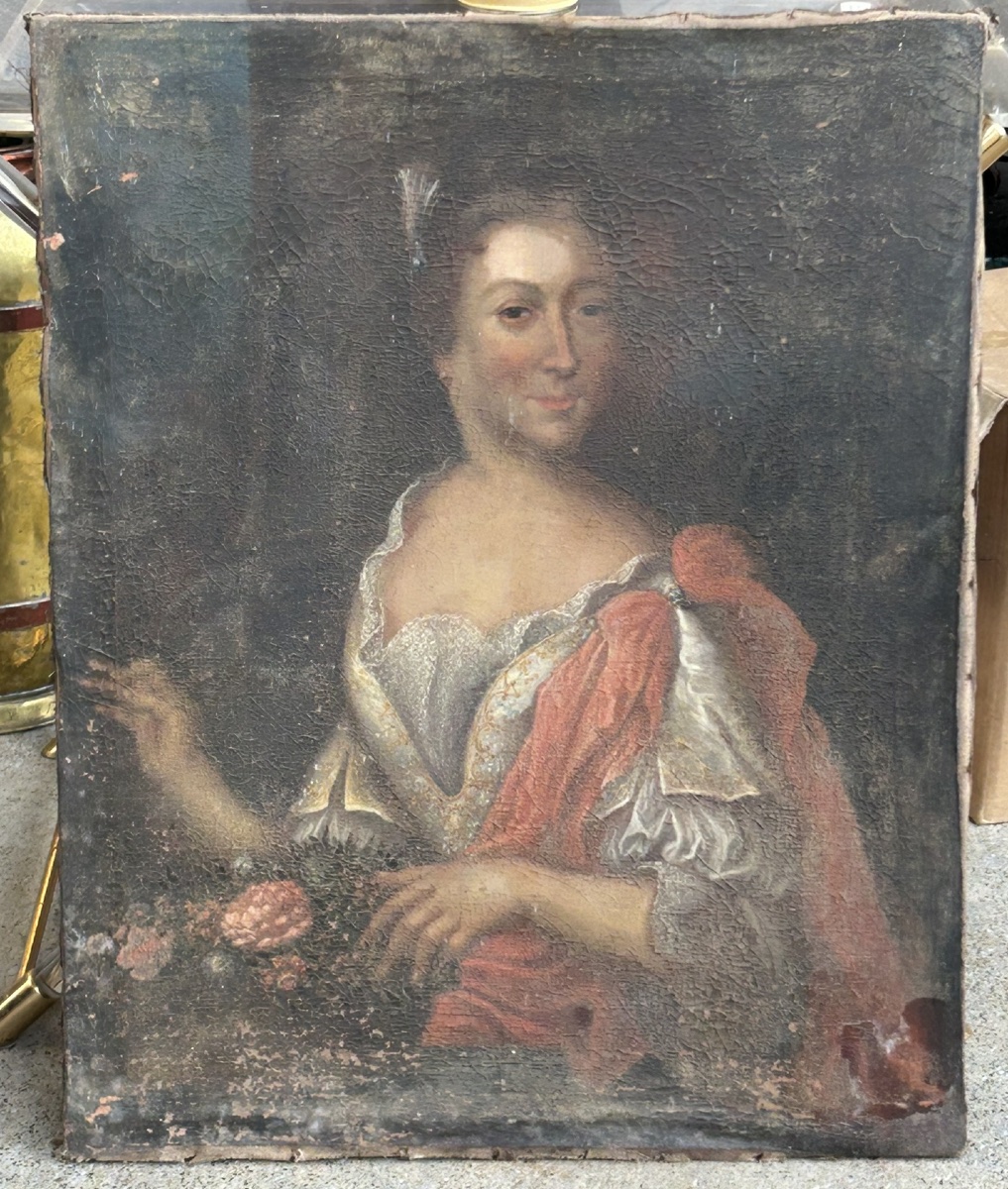 French School Portrait Of A Woman From The Early 18th Century, Oil On Canvas, In Need Of Restoration -photo-5