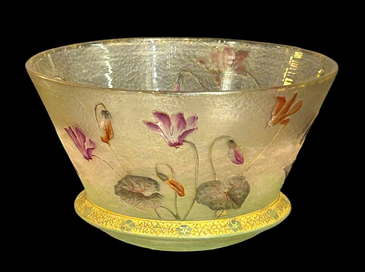DAUM Nancy - Coupelle tronconique à décor de cyclamens - Art Nouveau - Pâtes de verre - Gallé-photo-2