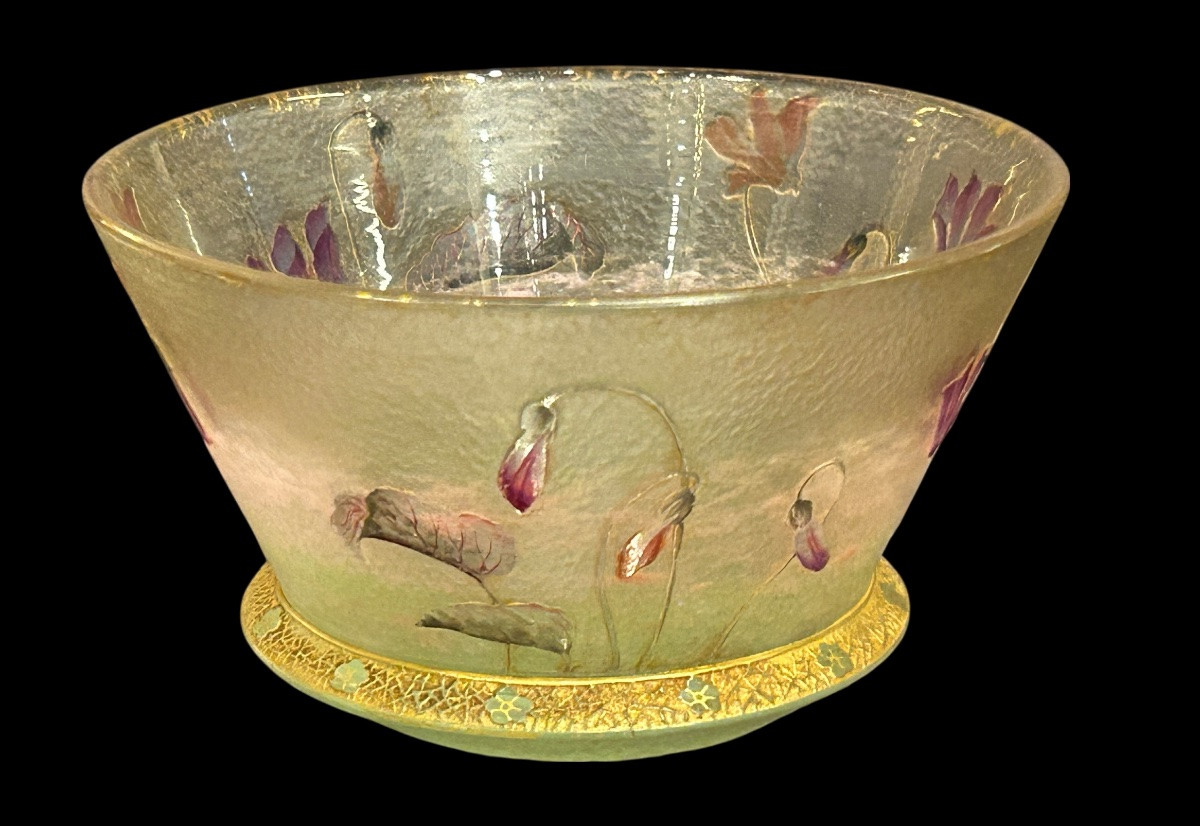 DAUM Nancy - Coupelle tronconique à décor de cyclamens - Art Nouveau - Pâtes de verre - Gallé-photo-2