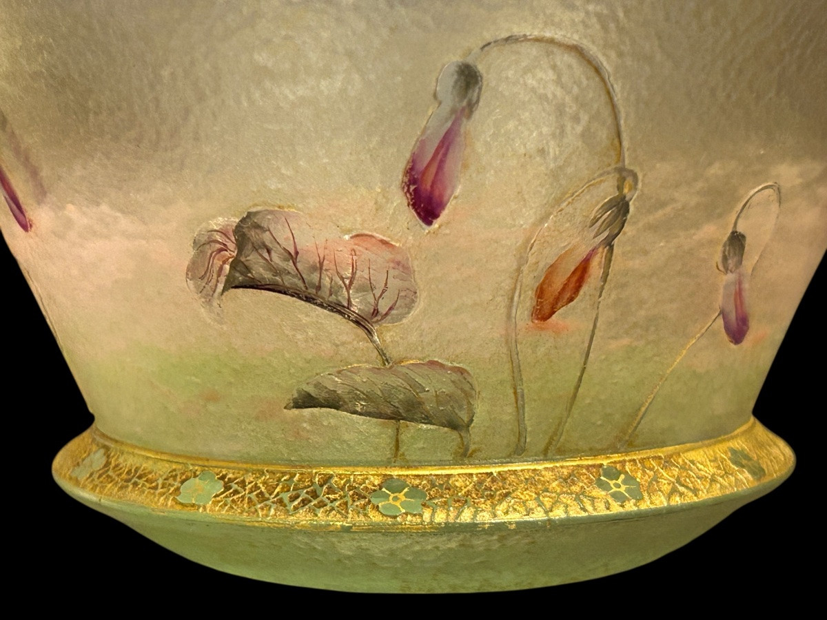 DAUM Nancy - Coupelle tronconique à décor de cyclamens - Art Nouveau - Pâtes de verre - Gallé-photo-3