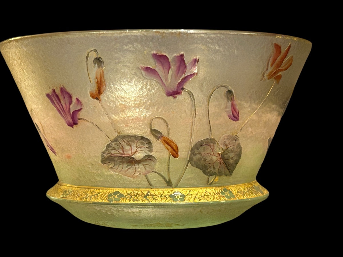 DAUM Nancy - Coupelle tronconique à décor de cyclamens - Art Nouveau - Pâtes de verre - Gallé-photo-4