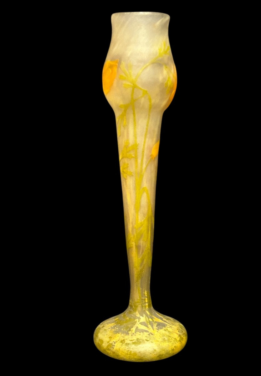 Daum Nancy Grand vase fuselé à décor à plaquette de coquelicots H 31cm pâte de verre - Gallé -photo-2