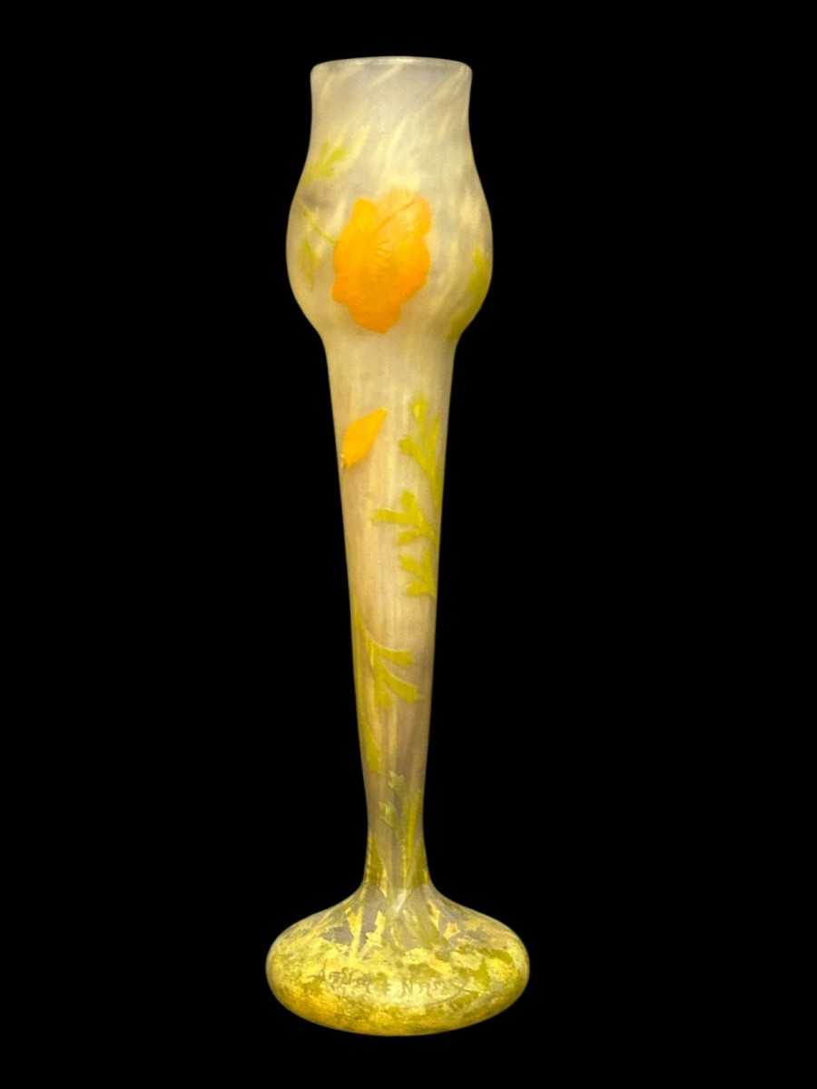 Daum Nancy Grand vase fuselé à décor à plaquette de coquelicots H 31cm pâte de verre - Gallé 