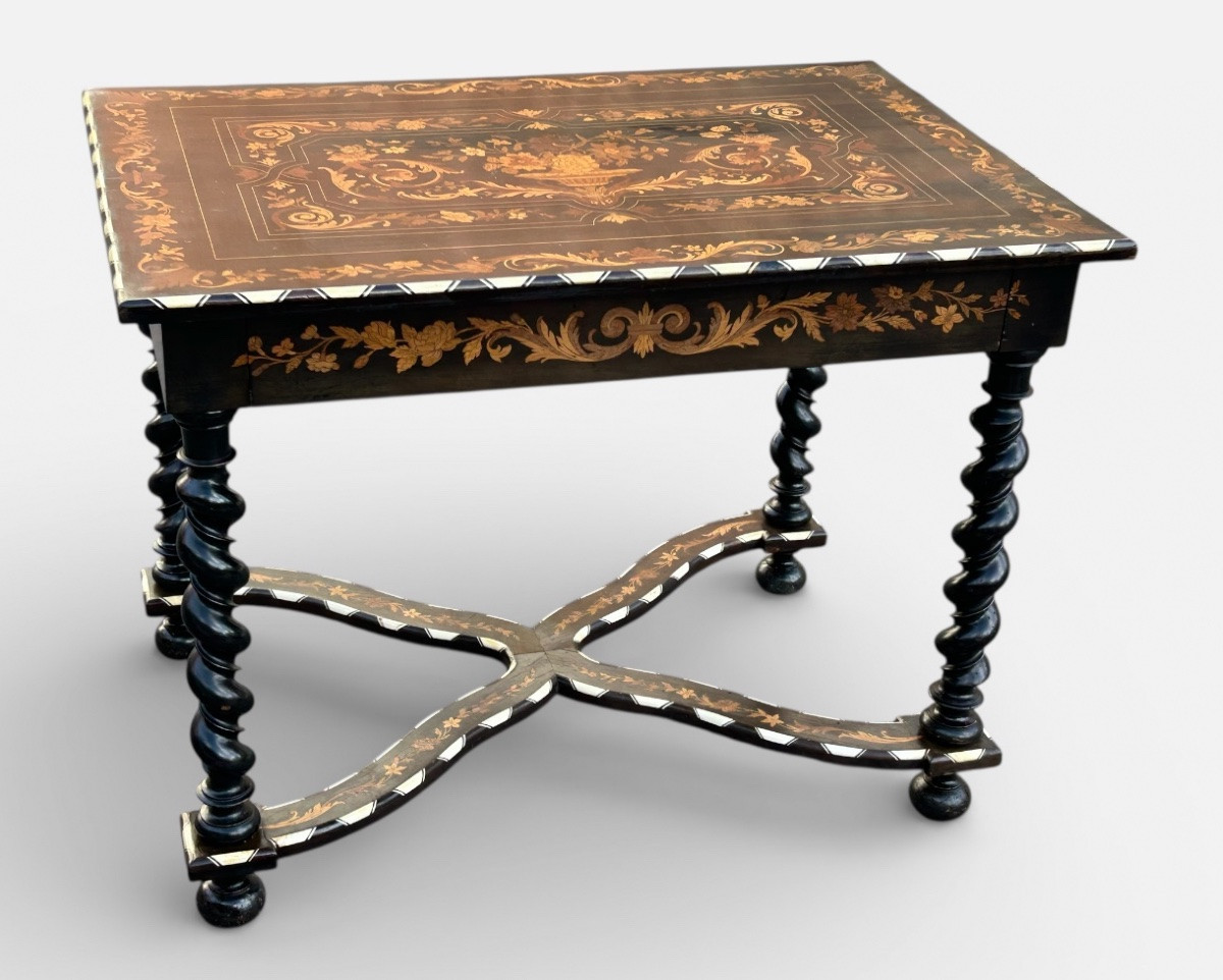 Dutch Marquetry Desk With Floral Decoration, Twisted Legs, Blackened Wood, 19th Century -photo-2