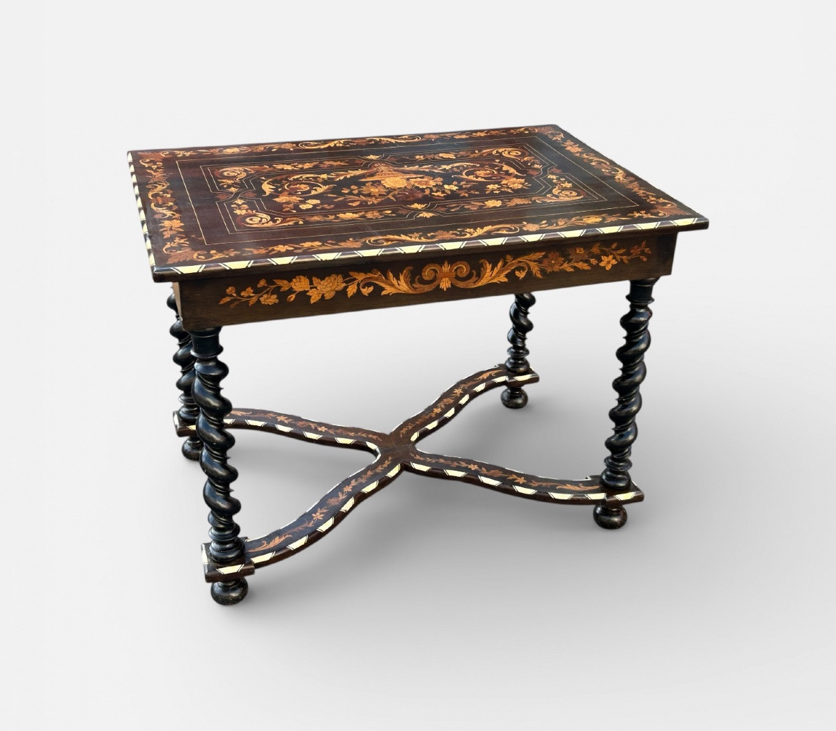 Dutch Marquetry Desk With Floral Decoration, Twisted Legs, Blackened Wood, 19th Century -photo-3