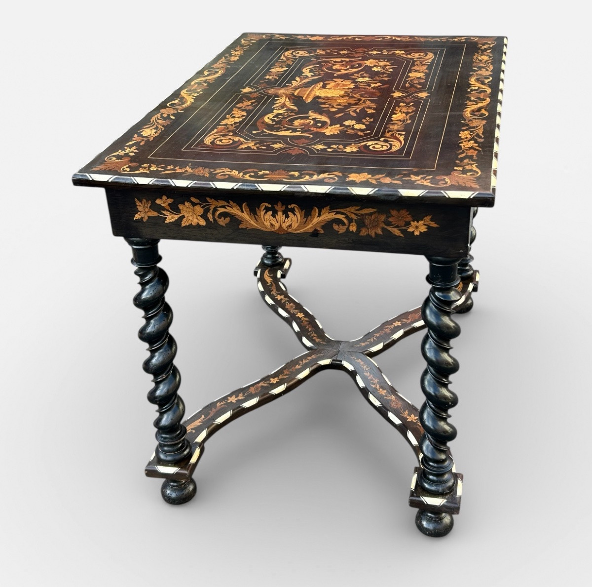 Dutch Marquetry Desk With Floral Decoration, Twisted Legs, Blackened Wood, 19th Century -photo-1