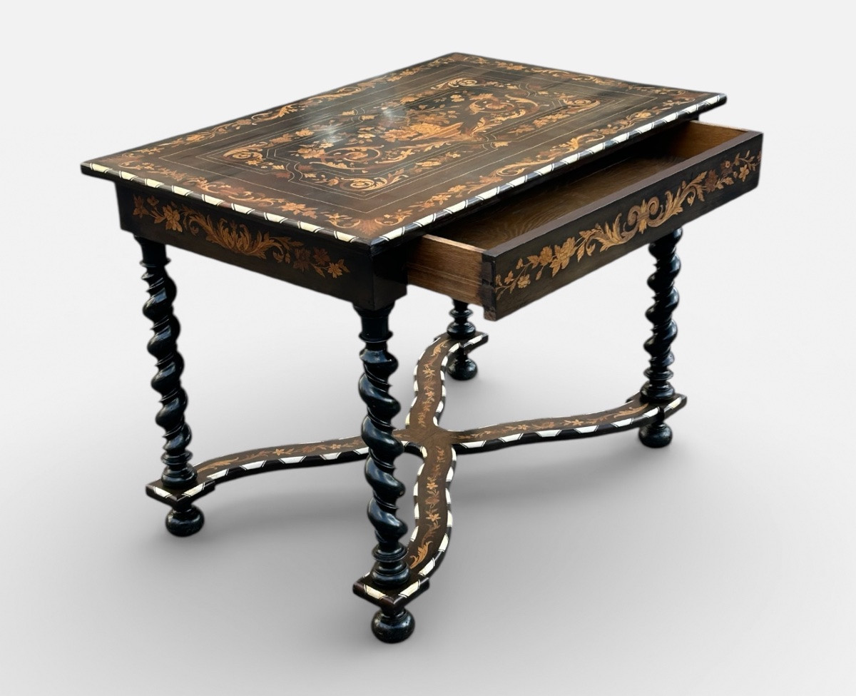 Dutch Marquetry Desk With Floral Decoration, Twisted Legs, Blackened Wood, 19th Century -photo-2