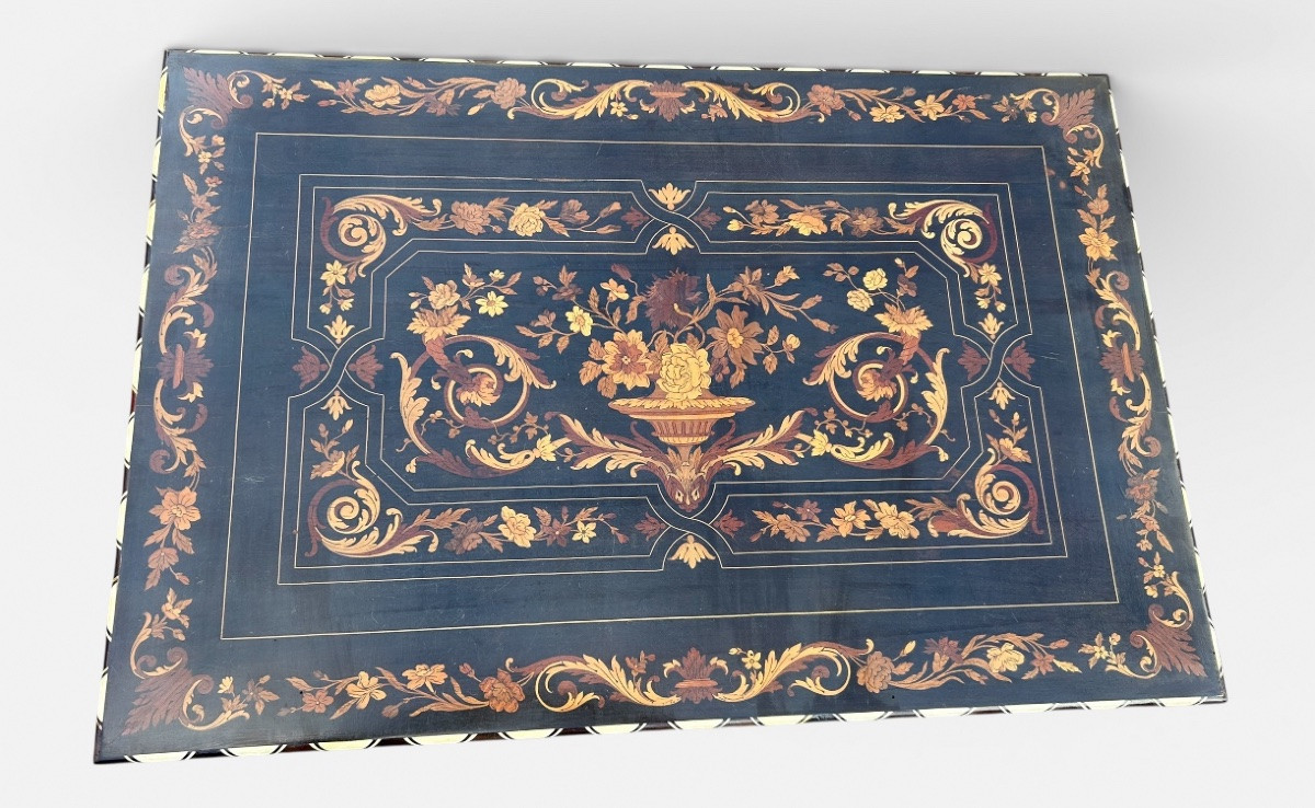 Dutch Marquetry Desk With Floral Decoration, Twisted Legs, Blackened Wood, 19th Century -photo-3