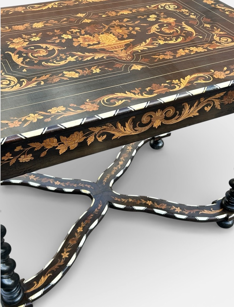 Dutch Marquetry Desk With Floral Decoration, Twisted Legs, Blackened Wood, 19th Century -photo-4