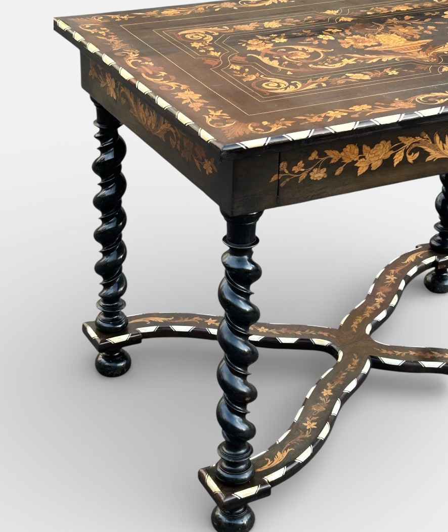 Dutch Marquetry Desk With Floral Decoration, Twisted Legs, Blackened Wood, 19th Century -photo-5