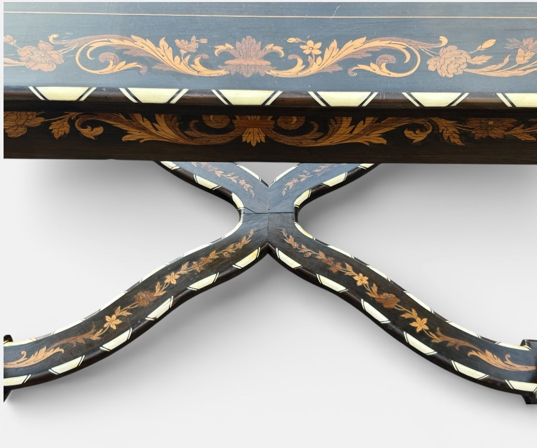Dutch Marquetry Desk With Floral Decoration, Twisted Legs, Blackened Wood, 19th Century -photo-6