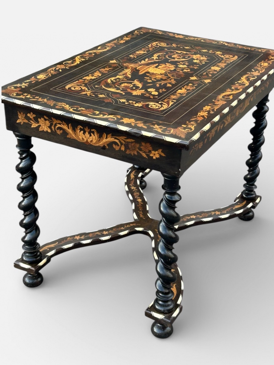 Dutch Marquetry Desk With Floral Decoration, Twisted Legs, Blackened Wood, 19th Century -photo-7