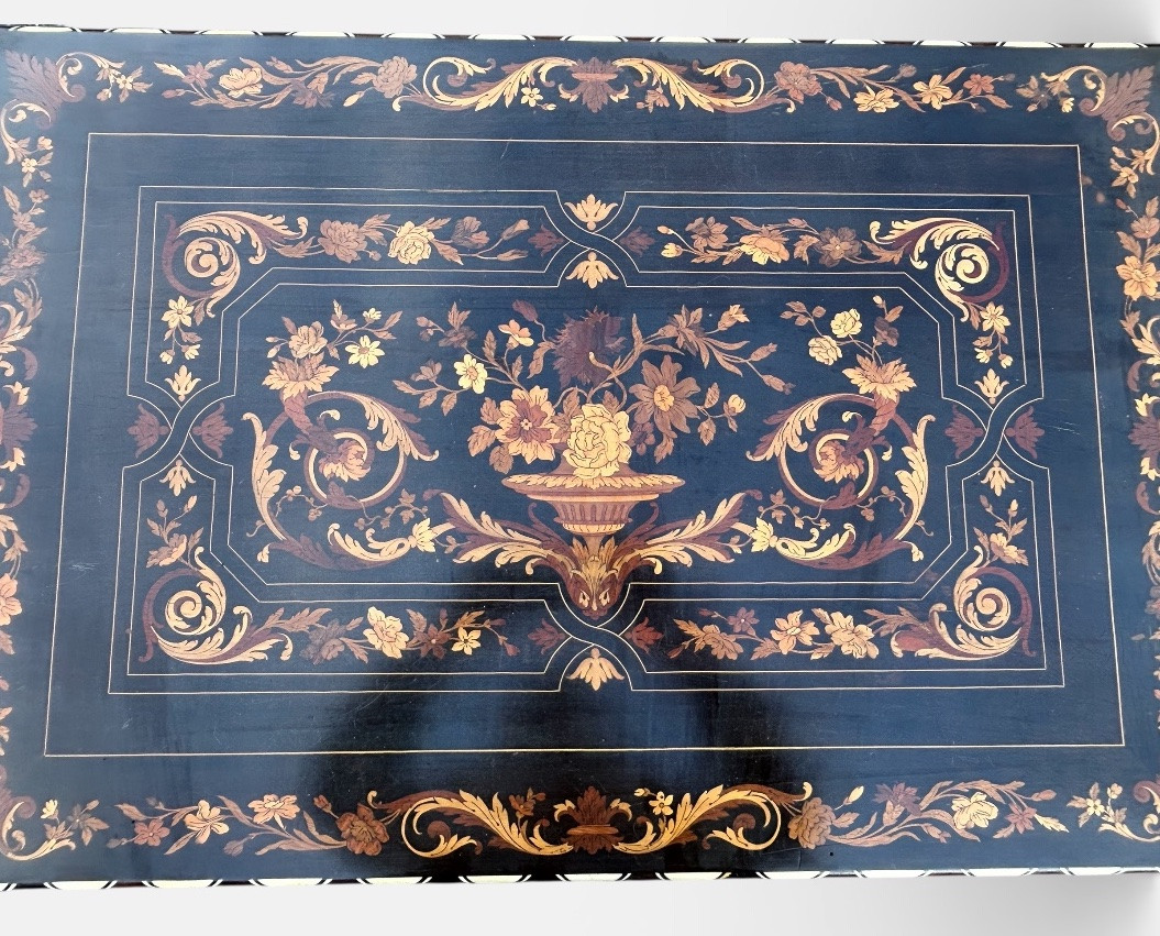 Dutch Marquetry Desk With Floral Decoration, Twisted Legs, Blackened Wood, 19th Century -photo-8
