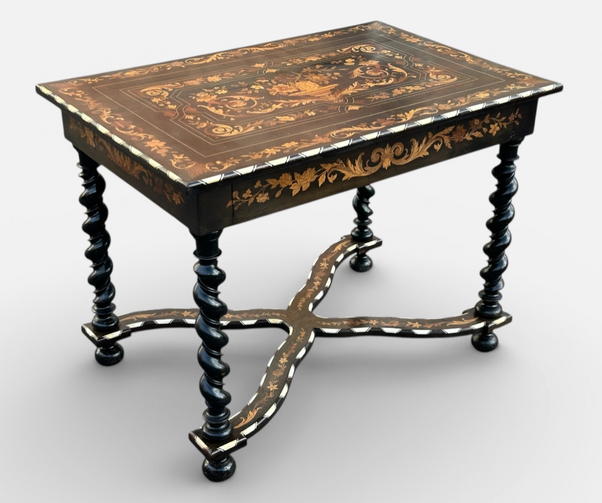 Dutch Marquetry Desk With Floral Decoration, Twisted Legs, Blackened Wood, 19th Century 