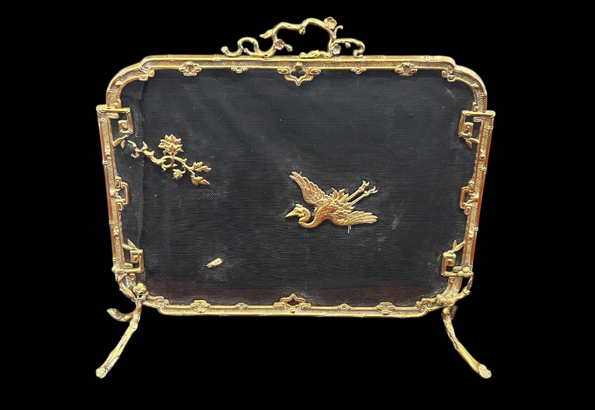 Japanese-style Gilt Bronze Fire Screen/spark Guard, Late 19th Century 