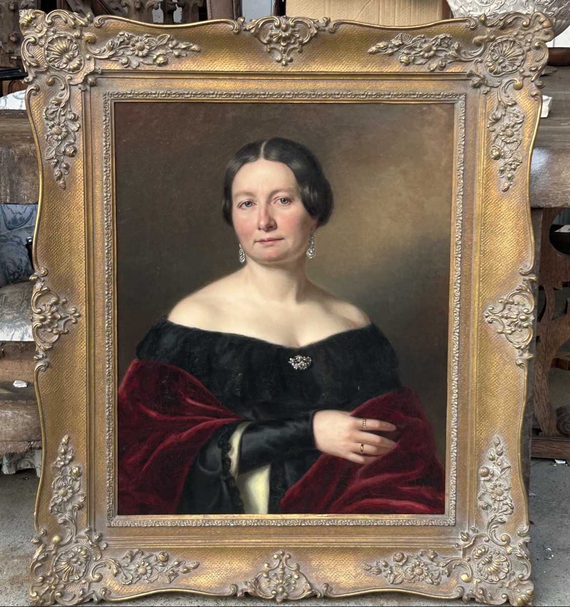 Portrait Of A 19th-century Woman, Oil On Canvas, Circa 1860. Height 103 Cm-photo-5