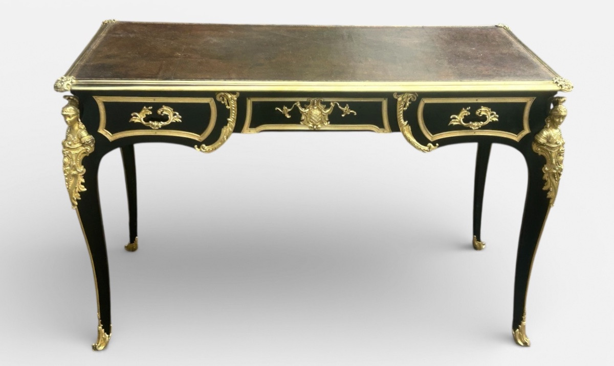  Louis XV Style Flat Desk, Black Lacquered, Napoleon III Period - L 132 Cm-photo-1