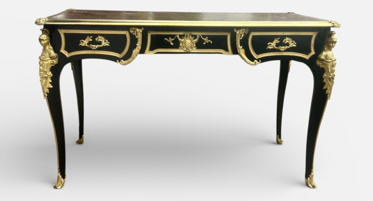  Louis XV Style Flat Desk, Black Lacquered, Napoleon III Period - L 132 Cm-photo-2