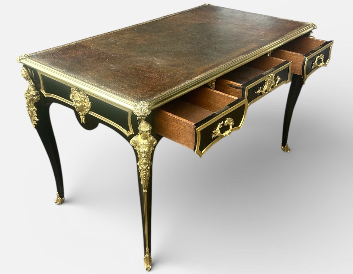  Louis XV Style Flat Desk, Black Lacquered, Napoleon III Period - L 132 Cm-photo-4