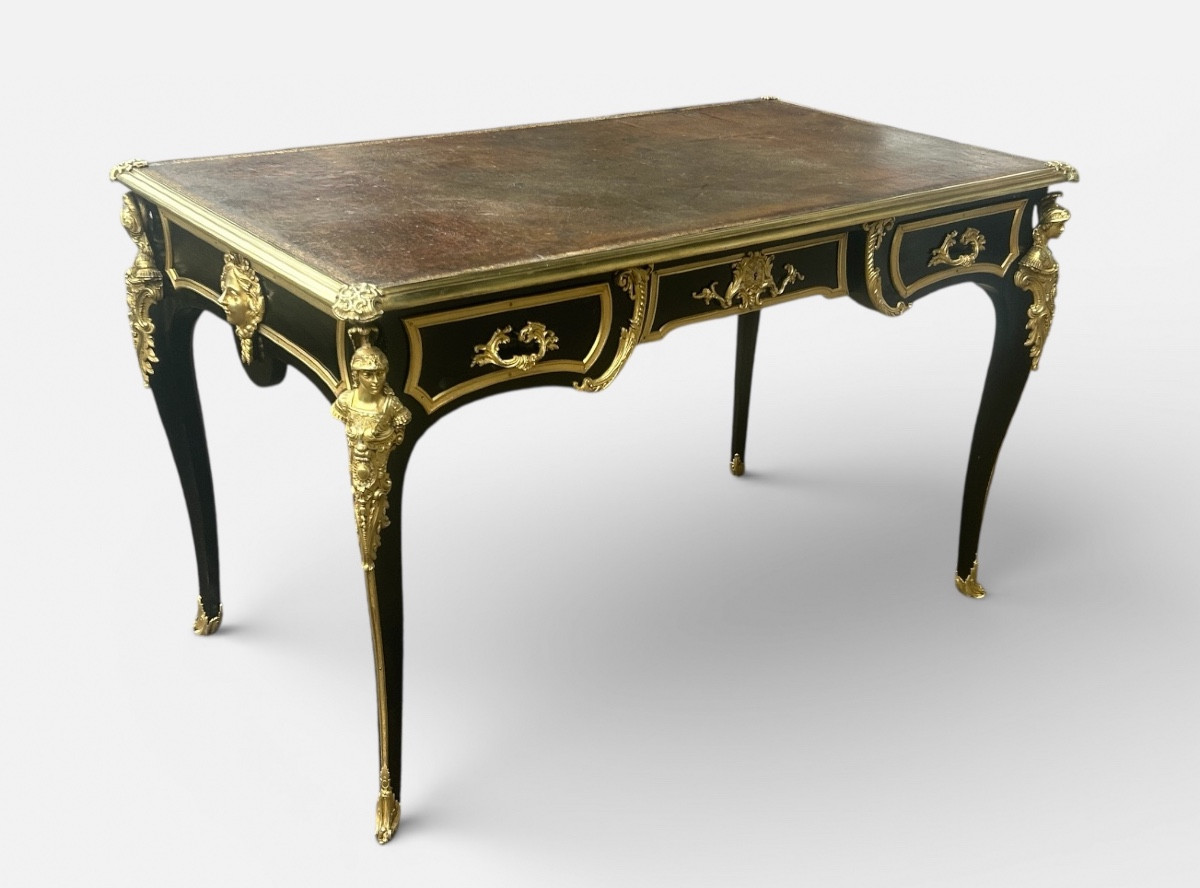  Louis XV Style Flat Desk, Black Lacquered, Napoleon III Period - L 132 Cm